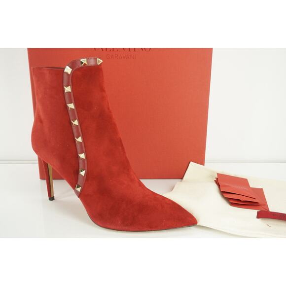 Valentino Rockstud Pointy Toe Red Suede Ankle Boots Size 40. 5 10.5 NIB $1445 - Picture 1 of 12